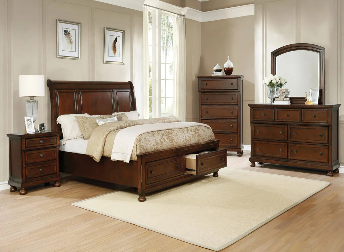 Cherry Brown Transitional Style Bedroom Set Dresser, Mirror and Queen Storage Bed