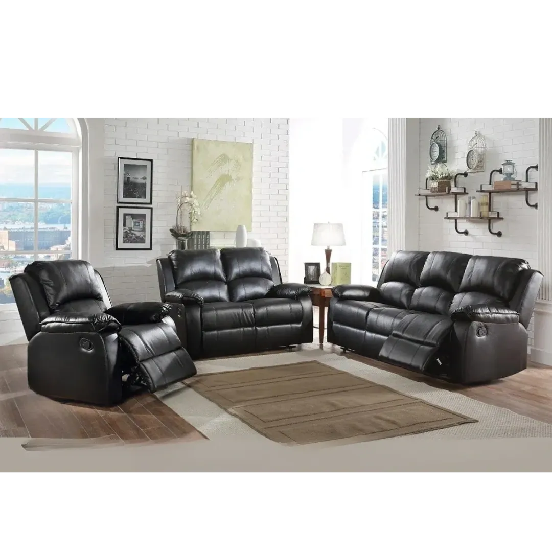 Black Pu Fabric Contemporary Reclining Sofa & Reclining Loveseats