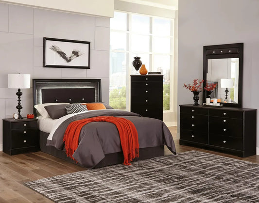 Midnight Black Contemporary Bedroom Set Dresser, Mirror and full/Queen Headboard