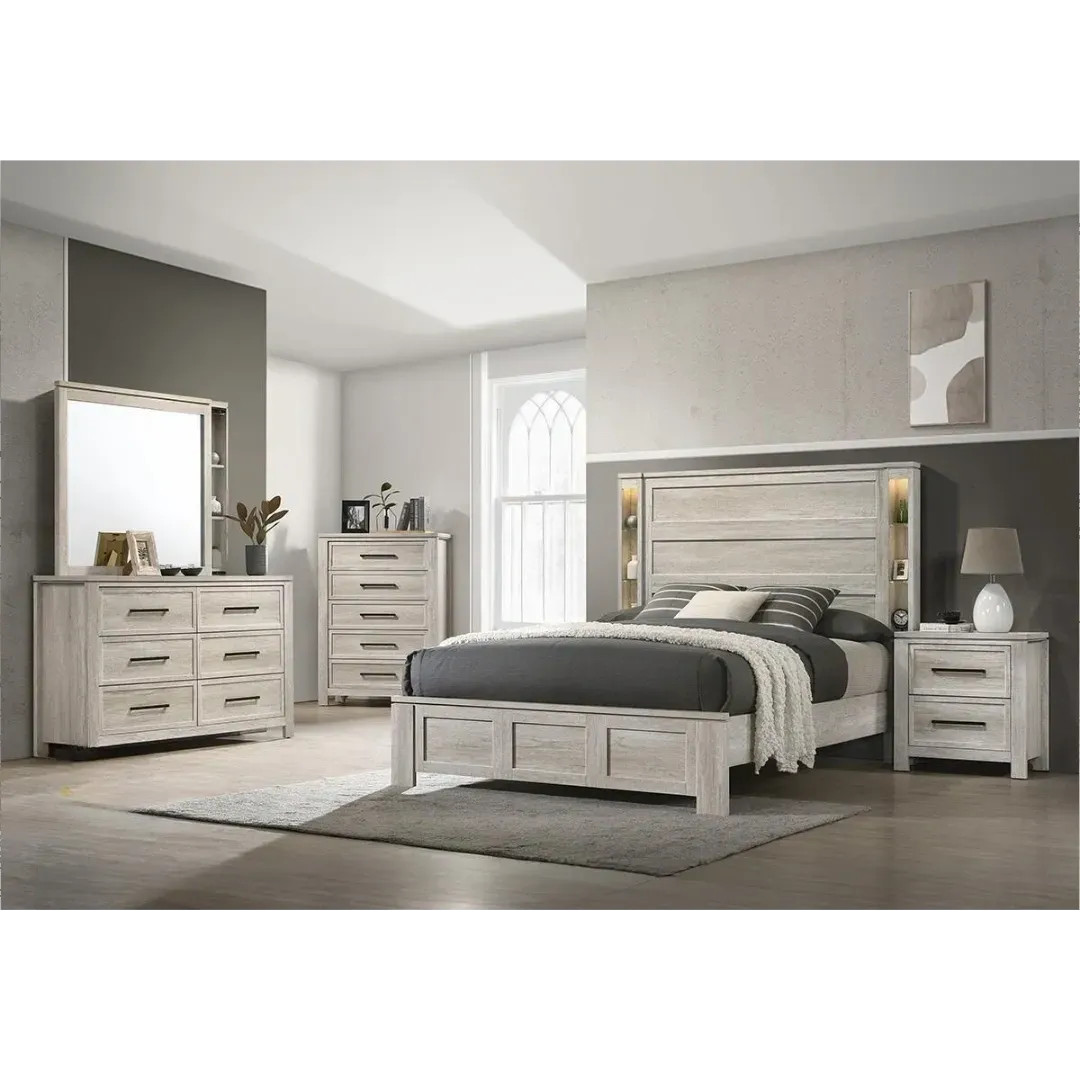 Oyster finish Contemporary Style Bedroom Set Dresser, Mirror and Queen Bed